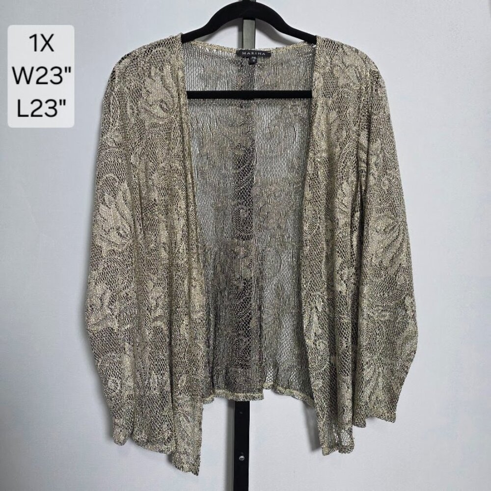 Marina Cardigan Plus Size 1X Gold Metallic Sheer Lace Open Knit Shrug Jacket USA